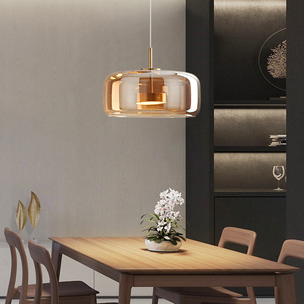 Lumira Retro LED Pendant Light in Gold Metal Amber Glass
