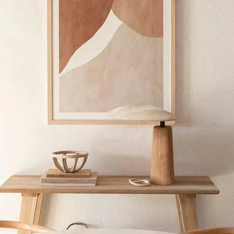 Aeron LED Table Lamp With Wood And Cloth Shade E27 Included