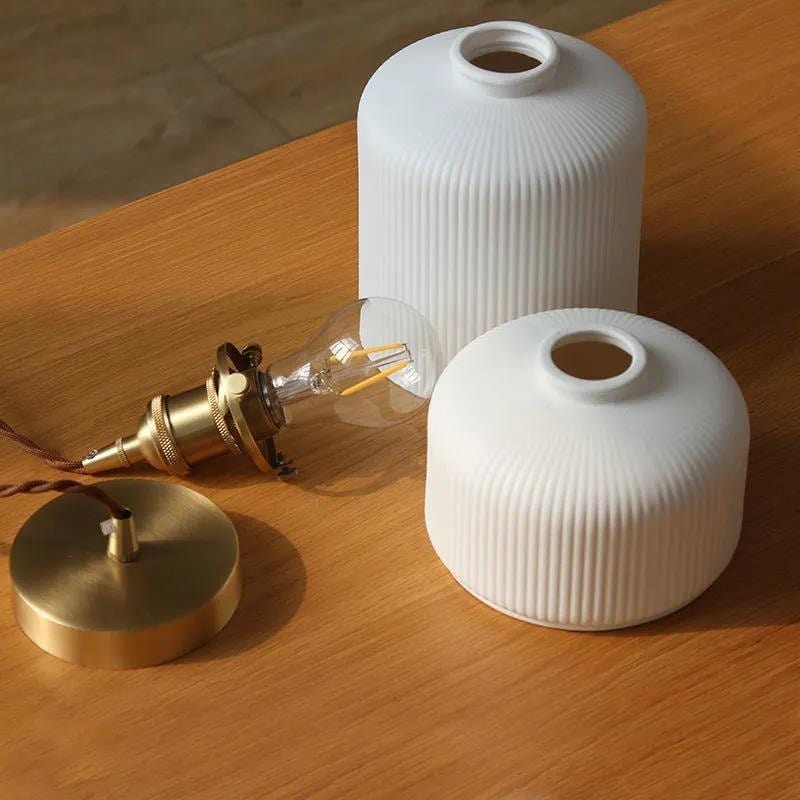 Japanese Short Cylinder Ribbed Ceramic LED Pendant Light