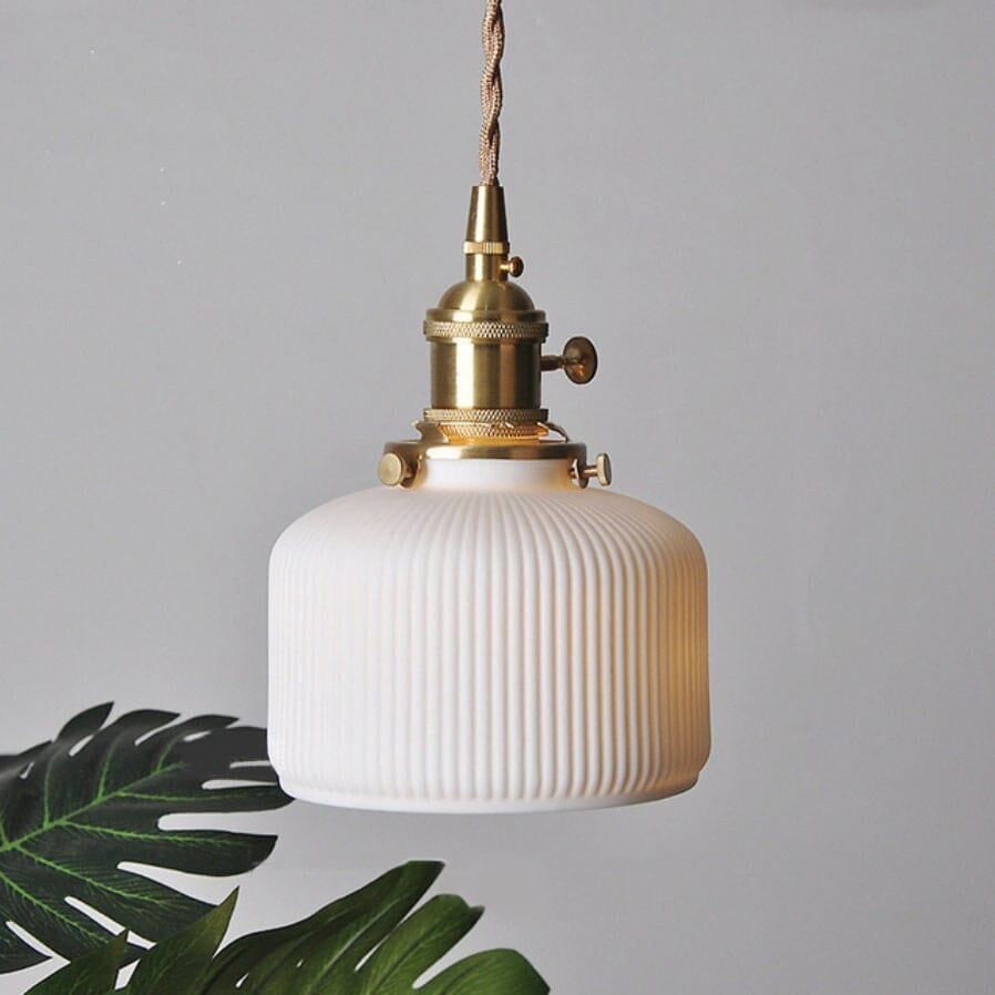 Japanese Short Cylinder Ribbed Ceramic LED Pendant Light
