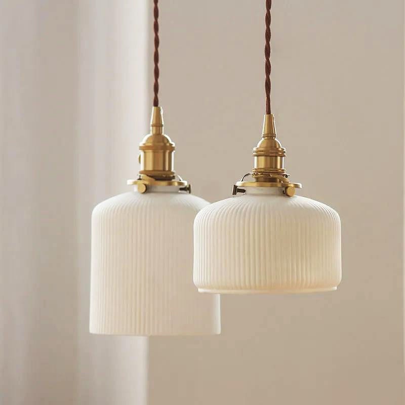 Japanese Short Cylinder Ribbed Ceramic LED Pendant Light