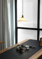 Opaline Glass Flower Pendant Light With Brushed Brass Or Oak Wood Holder