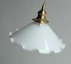 Opaline Glass Flower Pendant Light With Brushed Brass Or Oak Wood Holder