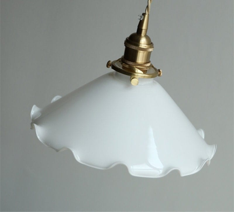 Opaline Glass Flower Pendant Light With Brushed Brass Or Oak Wood Holder