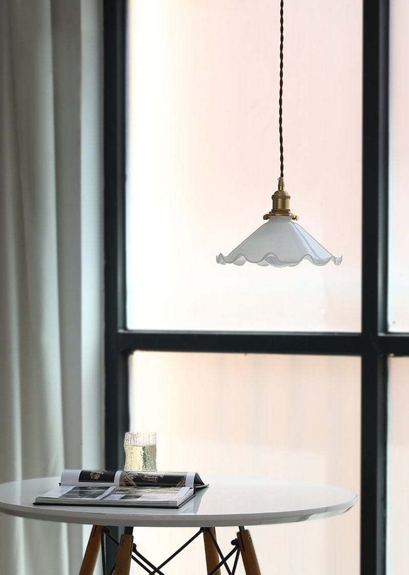 Opaline Glass Flower Pendant Light With Brushed Brass Or Oak Wood Holder