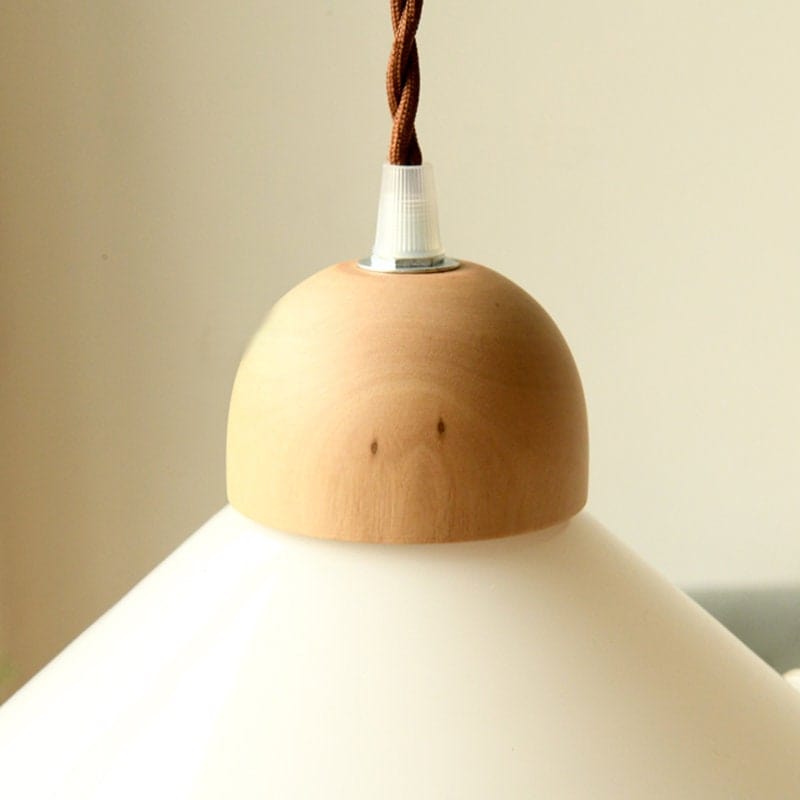 Opaline Glass Flower Pendant Light With Brushed Brass Or Oak Wood Holder