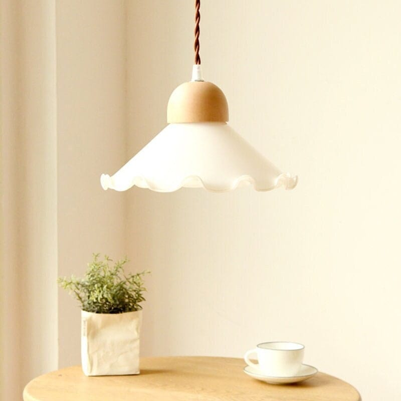 Opaline Glass Flower Pendant Light With Brushed Brass Or Oak Wood Holder