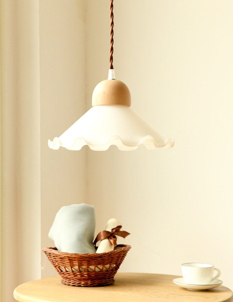 Opaline Glass Flower Pendant Light With Brushed Brass Or Oak Wood Holder