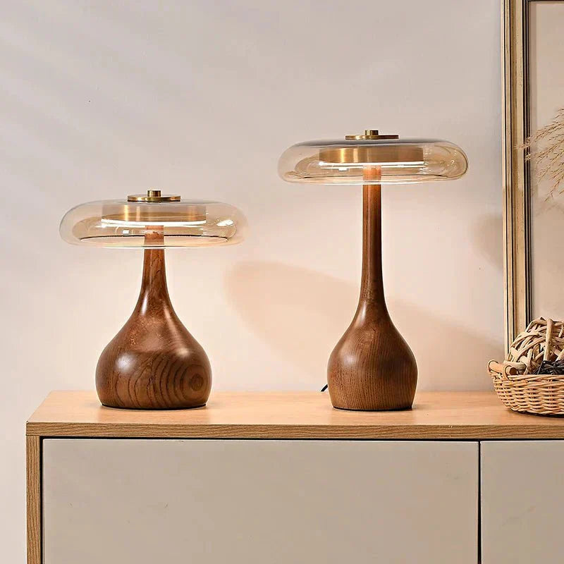 Lunara Table Lamp Collection 12W LED Brass Glass Ash Wood By Vrimlie